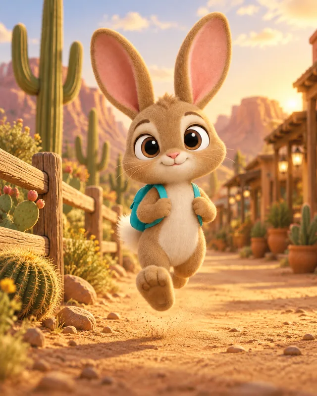 Hops, a tan bunny with a teal backpack, hopping past a wooden fence