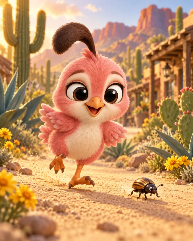 Pip, a tiny coral-pink quail with big eyes, waving on a desert path
